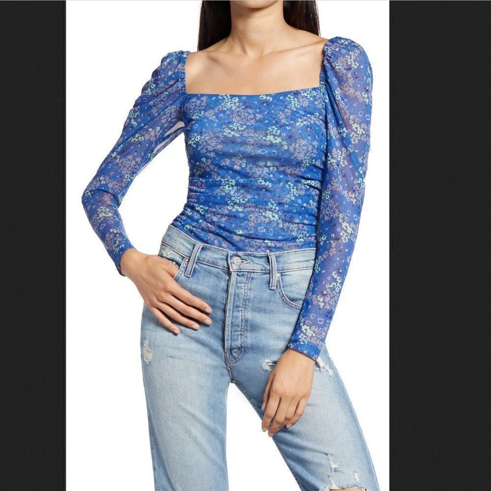 Socialite‎ Blue Floral Long Sleeve Blouse Size XS